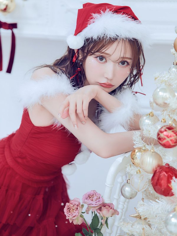 画像9: 【ノベルティ対象】【即日発送！】【サンタコス 4点セット】【M-XLサイズ/1カラー】オフショルフリルチュールサンタコスプレ[YMT] (9)