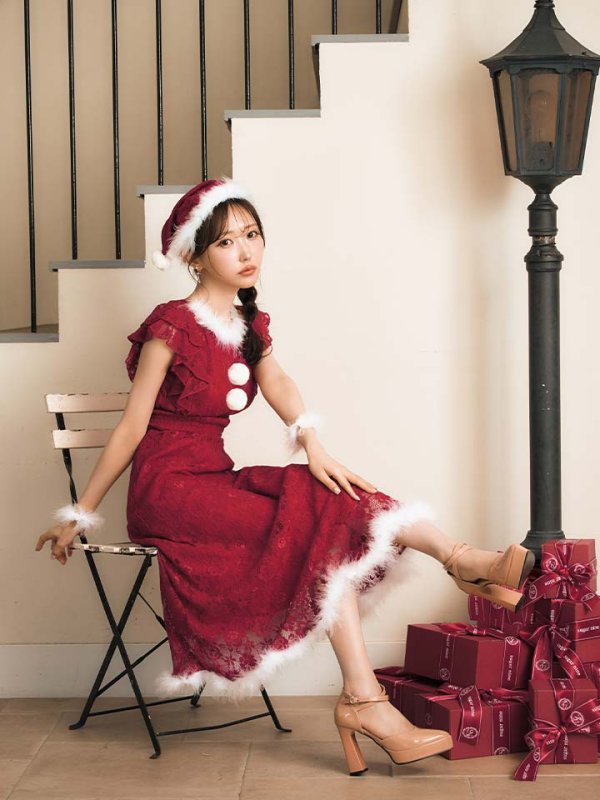 画像9: 【サンタSALE!!】【サンタコス 4点セット】【S-Lサイズ/1カラー】フラワーレースワンピースサンタ[OF01] (9)