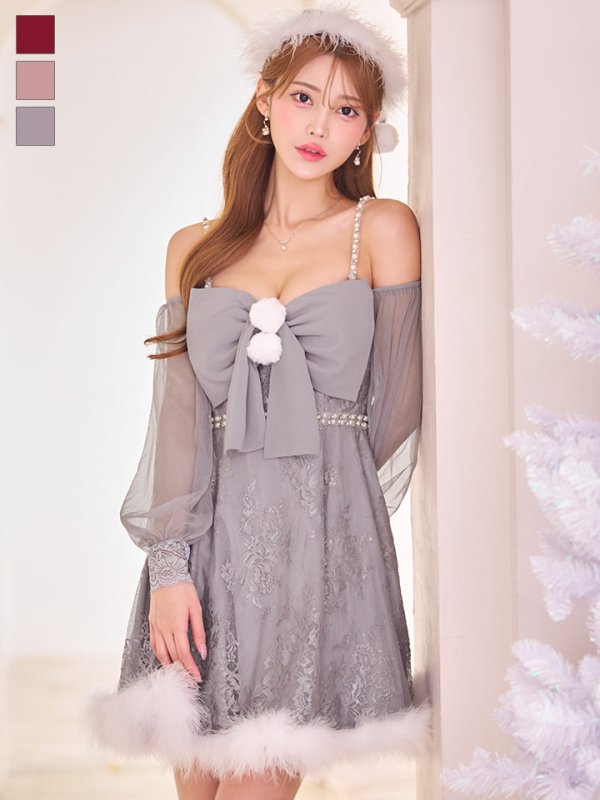 画像4: 【即日発送！】【サンタコス 3点セット】【XS-Lサイズ/2カラー】フロントビッグリボンオフショル袖付きフレアサンタ[OF04] (4)