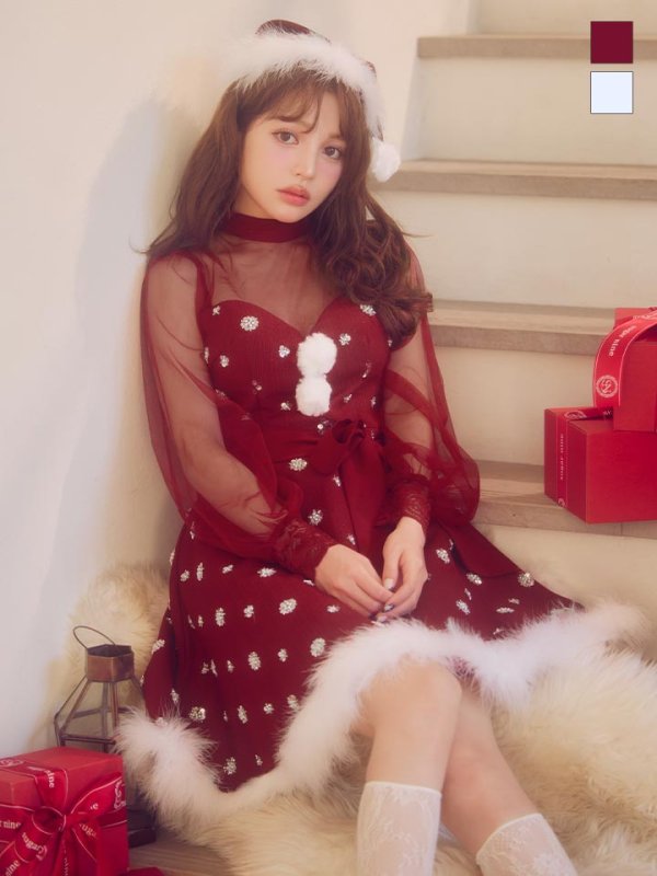 画像1: 【即日発送！】【サンタコス 4点セット】【XS-XLサイズ/1カラー】チュールロングスリーブハイネックサンタ[OF04] (1)