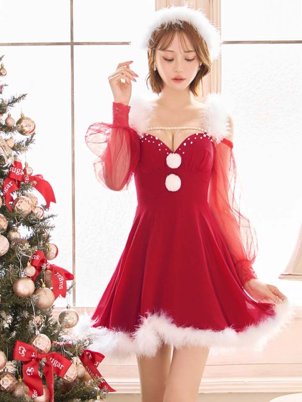 画像19: 【サンタSALE!!】【即日発送】【サンタコス 3点セット】【XS-XLサイズ/2カラー】シアーチュールオフショルダーサンタコスプレ[OF04] (19)