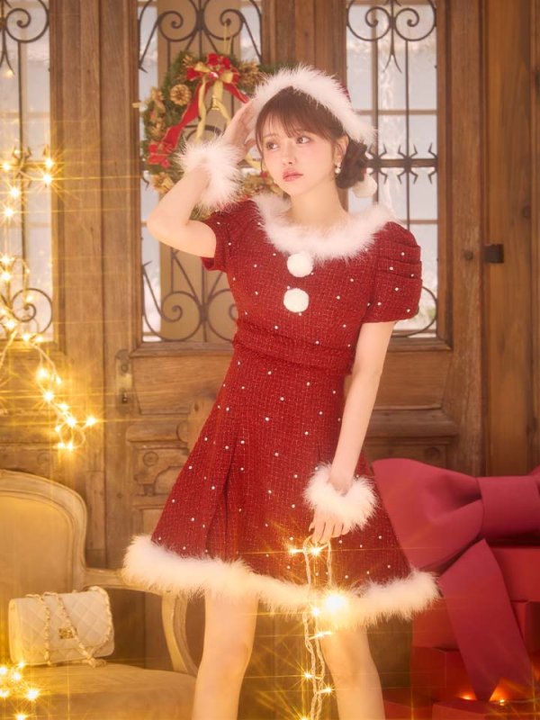 画像34: 【即日発送！】【サンタコス 4点セット】【XS-XLサイズ/3カラー】ツイードビジュープリーツスカートサンタコスプレ[OF04] (34)