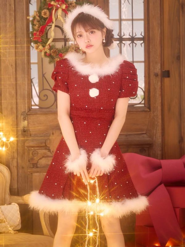 画像14: 【即日発送！】【サンタコス 4点セット】【XS-XLサイズ/3カラー】ツイードビジュープリーツスカートサンタコスプレ[OF04] (14)