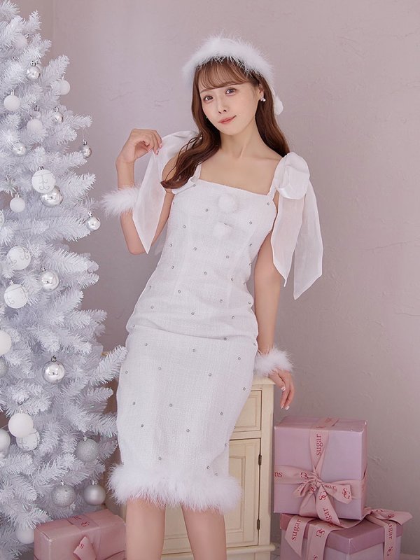 画像15: 【サンタSALE!!】【即日発送！】【サンタコス 4点セット】【S-Lサイズ/2カラー】リボンショルダーツイードビジューミディアムサンタコスプレ[OF04] (15)