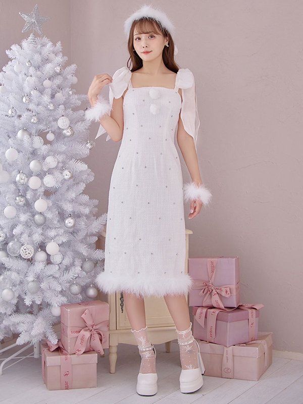 画像4: 【サンタSALE!!】【即日発送！】【サンタコス 4点セット】【S-Lサイズ/2カラー】リボンショルダーツイードビジューミディアムサンタコスプレ[OF04] (4)