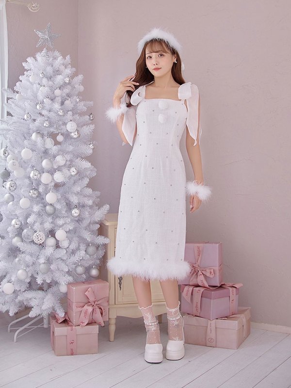 画像6: 【サンタSALE!!】【即日発送！】【サンタコス 4点セット】【S-Lサイズ/2カラー】リボンショルダーツイードビジューミディアムサンタコスプレ[OF04] (6)