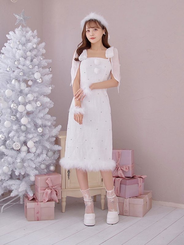 画像7: 【サンタSALE!!】【即日発送！】【サンタコス 4点セット】【S-Lサイズ/2カラー】リボンショルダーツイードビジューミディアムサンタコスプレ[OF04] (7)