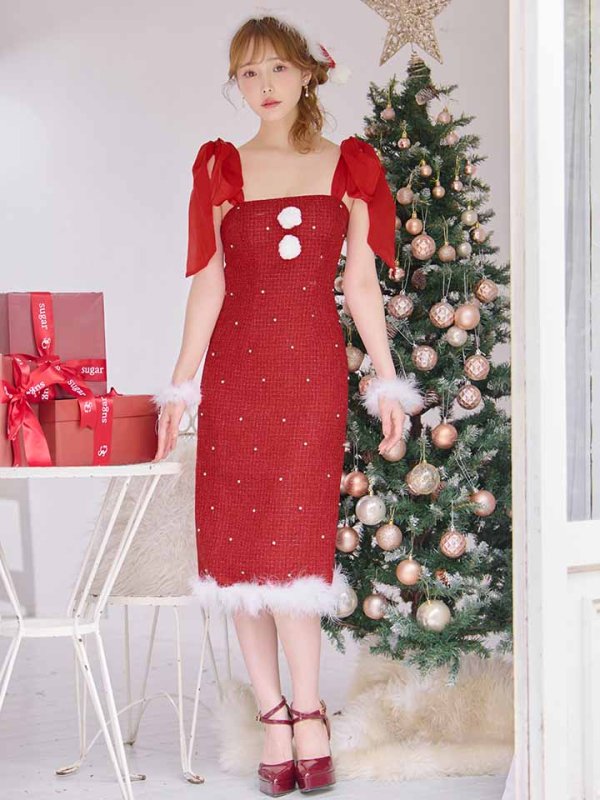 画像10: 【サンタSALE!!】【即日発送！】【サンタコス 4点セット】【S-Lサイズ/2カラー】リボンショルダーツイードビジューミディアムサンタコスプレ[OF04] (10)