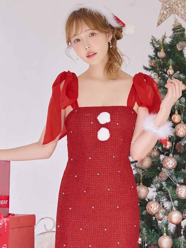 画像21: 【サンタSALE!!】【即日発送！】【サンタコス 4点セット】【S-Lサイズ/2カラー】リボンショルダーツイードビジューミディアムサンタコスプレ[OF04] (21)