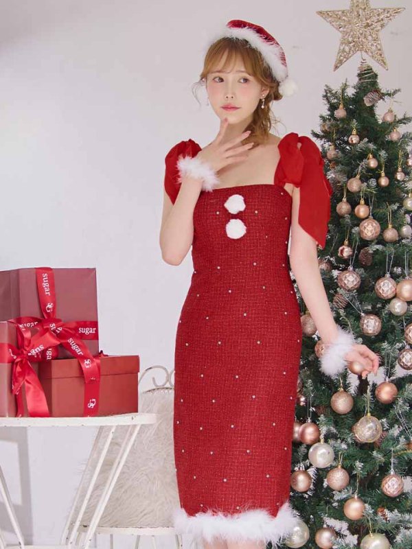 画像23: 【サンタSALE!!】【即日発送！】【サンタコス 4点セット】【S-Lサイズ/2カラー】リボンショルダーツイードビジューミディアムサンタコスプレ[OF04] (23)