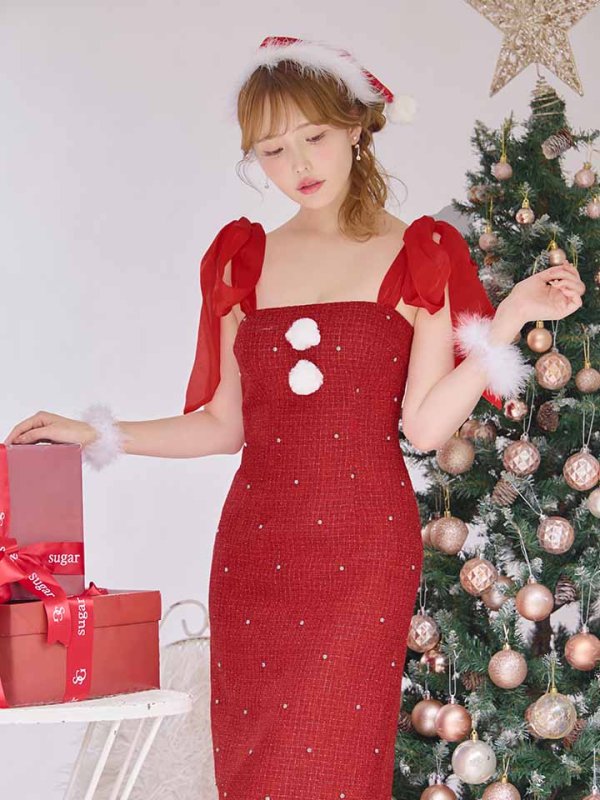 画像25: 【サンタSALE!!】【即日発送！】【サンタコス 4点セット】【S-Lサイズ/2カラー】リボンショルダーツイードビジューミディアムサンタコスプレ[OF04] (25)