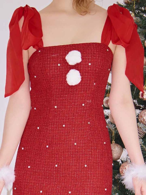 画像27: 【サンタSALE!!】【即日発送！】【サンタコス 4点セット】【S-Lサイズ/2カラー】リボンショルダーツイードビジューミディアムサンタコスプレ[OF04] (27)