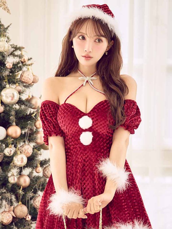 画像7: 【即日発送】【サンタ】クロスネックフレアーサンタコスプレ【コスプレ4点セット】【XS-Lサイズ/2カラー】[OF01] (7)