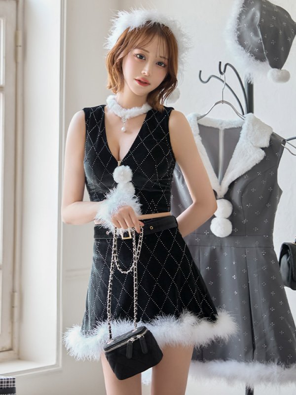 画像9: 【即日発送】【サンタ】ダイヤ柄ビジューベルト付きサンタコスプレ【コスプレ7点セット】【XS-Lサイズ/2カラー】[OF04] (9)