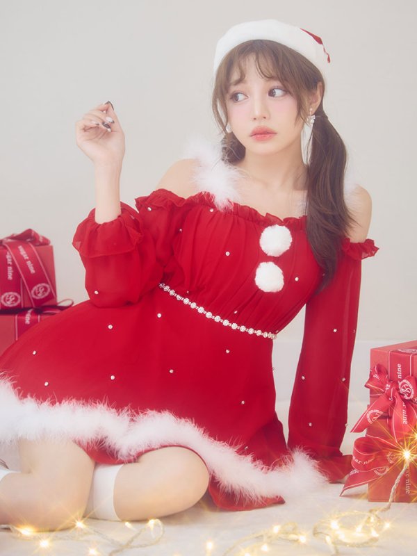 画像1: 【即日発送】【サンタ】袖付きシフォンワンピースビジューサンタコスプレ【コスプレ3点セット】【S-Mサイズ/2カラー】[OF04] (1)