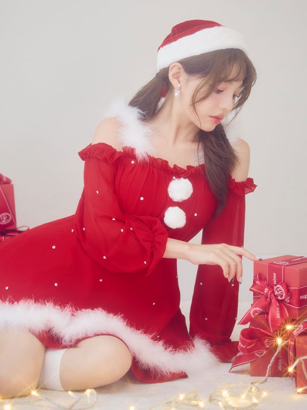 画像16: 【即日発送】【サンタ】袖付きシフォンワンピースビジューサンタコスプレ【コスプレ3点セット】【S-Mサイズ/2カラー】[OF04] (16)