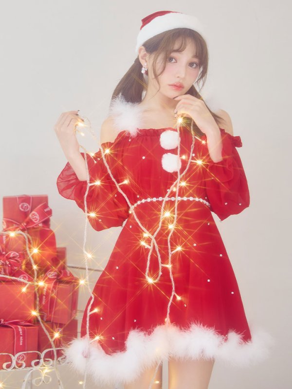 画像18: 【即日発送】【サンタ】袖付きシフォンワンピースビジューサンタコスプレ【コスプレ3点セット】【S-Mサイズ/2カラー】[OF04] (18)