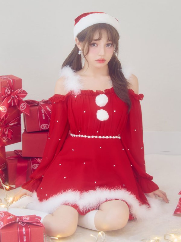 画像20: 【即日発送】【サンタ】袖付きシフォンワンピースビジューサンタコスプレ【コスプレ3点セット】【S-Mサイズ/2カラー】[OF04] (20)