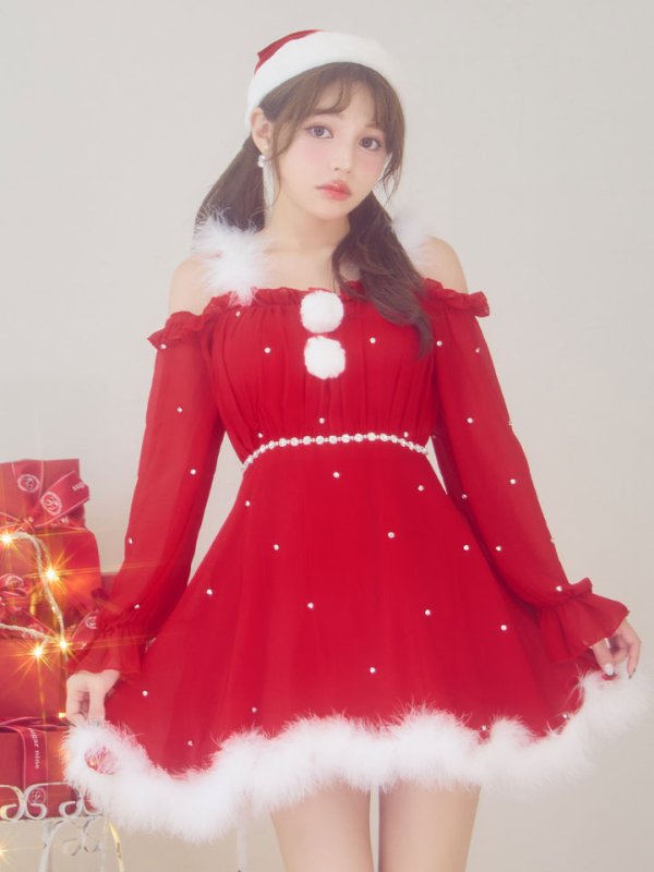 画像2: 【即日発送】【サンタ】袖付きシフォンワンピースビジューサンタコスプレ【コスプレ3点セット】【S-Mサイズ/2カラー】[OF04] (2)