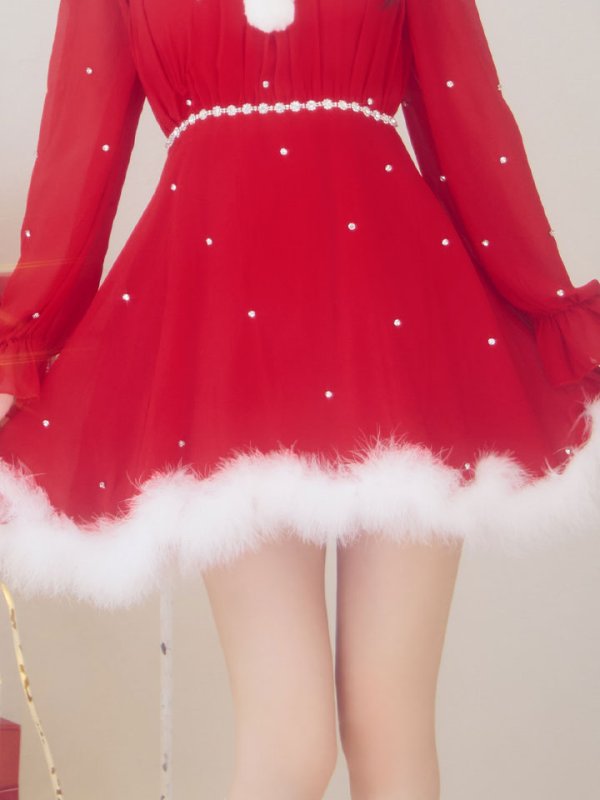 画像23: 【即日発送】【サンタ】袖付きシフォンワンピースビジューサンタコスプレ【コスプレ3点セット】【S-Mサイズ/2カラー】[OF04] (23)