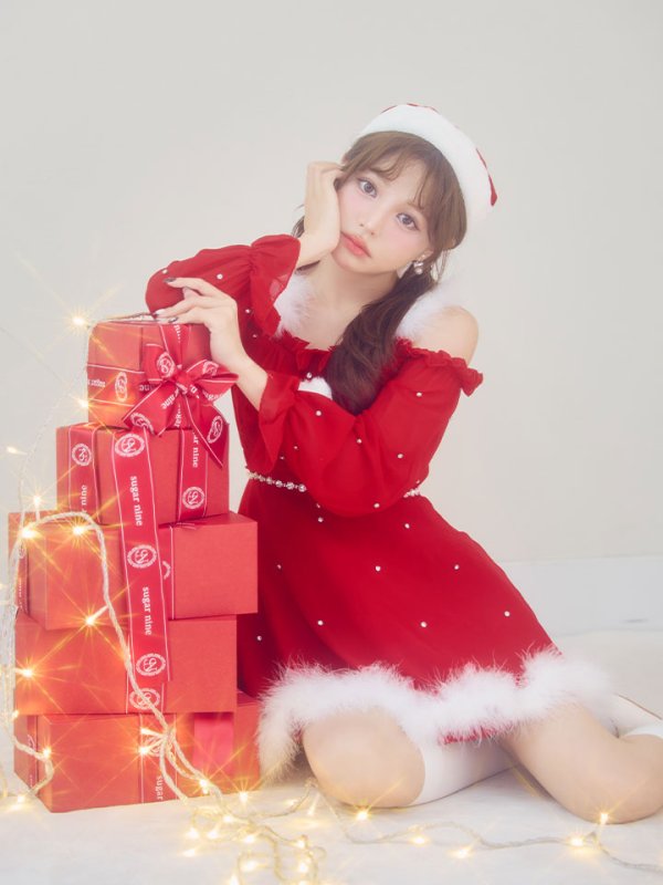 画像8: 【即日発送】【サンタ】袖付きシフォンワンピースビジューサンタコスプレ【コスプレ3点セット】【S-Mサイズ/2カラー】[OF04] (8)