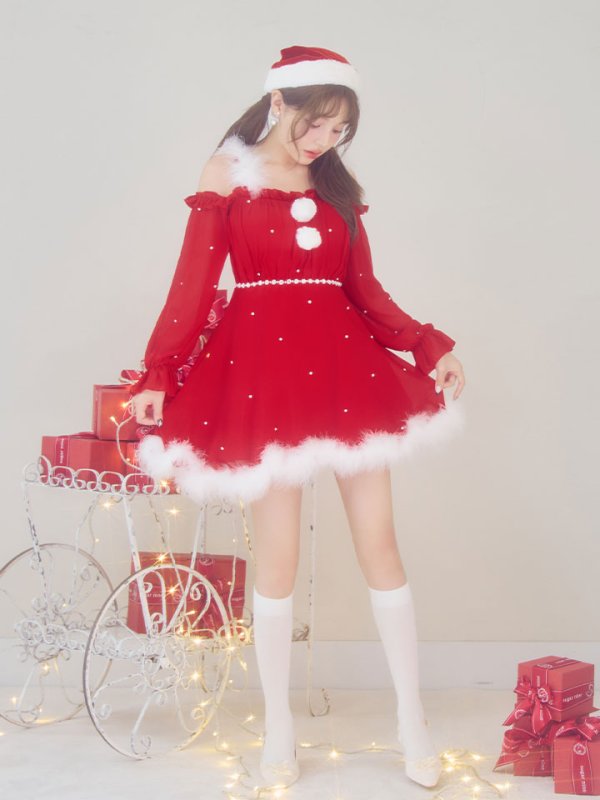 画像10: 【即日発送】【サンタ】袖付きシフォンワンピースビジューサンタコスプレ【コスプレ3点セット】【S-Mサイズ/2カラー】[OF04] (10)