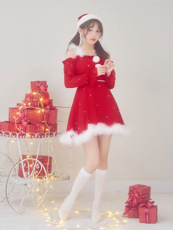 画像11: 【即日発送】【サンタ】袖付きシフォンワンピースビジューサンタコスプレ【コスプレ3点セット】【S-Mサイズ/2カラー】[OF04] (11)