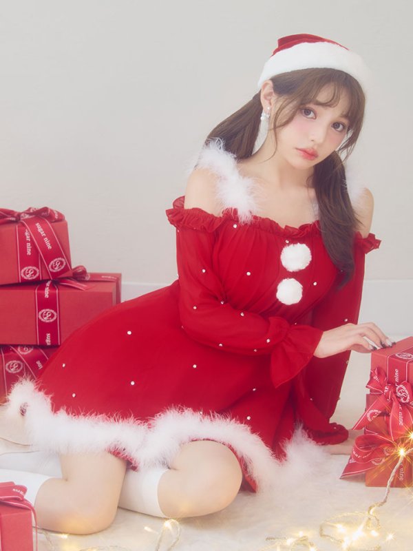 画像12: 【即日発送】【サンタ】袖付きシフォンワンピースビジューサンタコスプレ【コスプレ3点セット】【S-Mサイズ/2カラー】[OF04] (12)