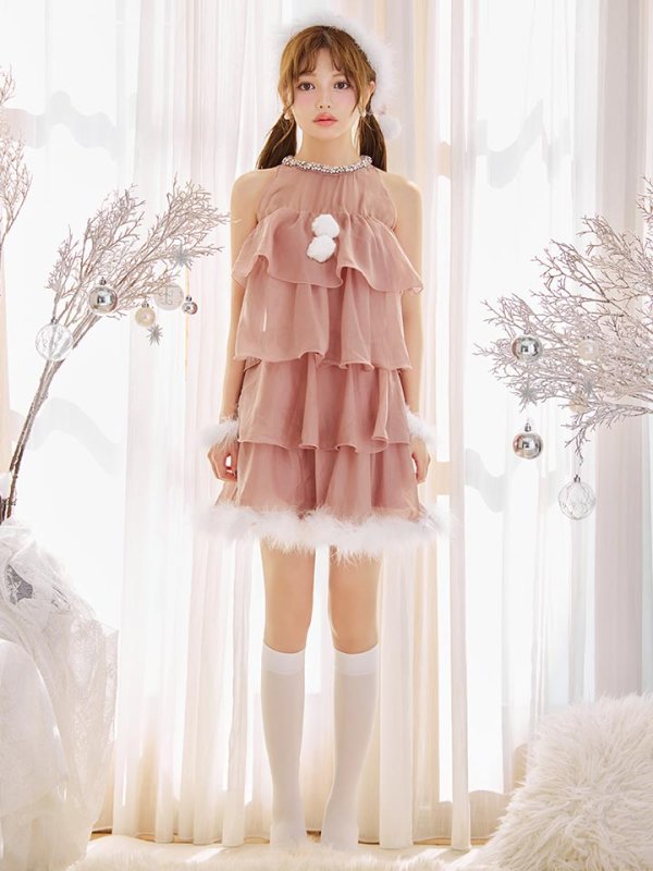 画像4: 【即日発送】【サンタ】アメスリフリルホルターネックサンタコスプレ【コスプレ4点セット】【XS-Lサイズ/2カラー】[OF04] (4)