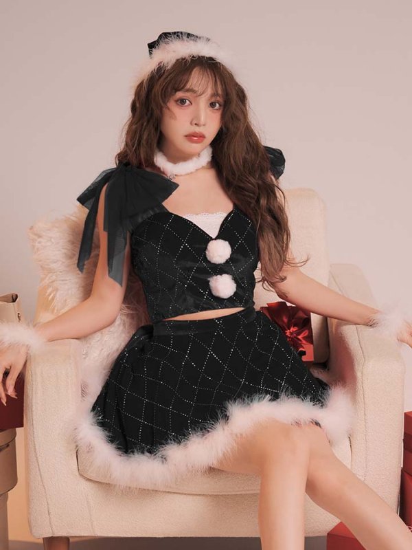 画像2: 【即日発送】【送料無料】【サンタ】チュールリボンアーガイル風サンタコスプレ【コスプレ6点セット】【XS-XLサイズ/3カラー】[OF04] (2)