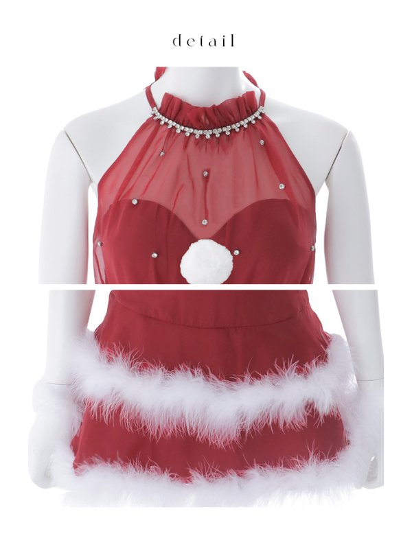 画像43: 【即日発送】【送料無料！】【サンタ】シフォンホルターネックティアードサンタコスプレ【コスプレ4点セット】【XS-Lサイズ/2カラー】[OF04/OF04] (43)