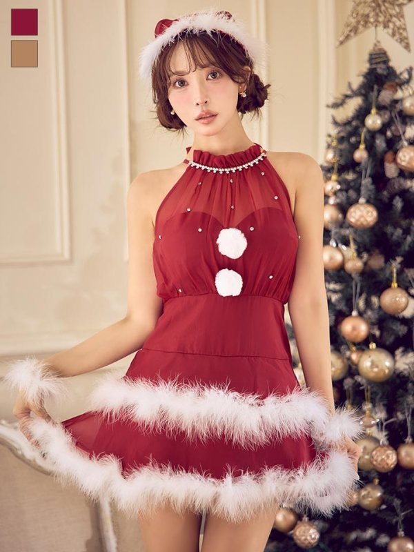 画像2: 【即日発送】【送料無料！】【サンタ】シフォンホルターネックティアードサンタコスプレ【コスプレ4点セット】【XS-Lサイズ/2カラー】[OF04/OF04] (2)