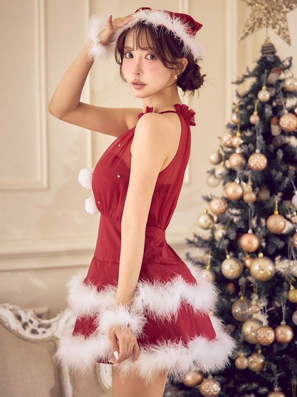 画像13: 【即日発送】【送料無料！】【サンタ】シフォンホルターネックティアードサンタコスプレ【コスプレ4点セット】【XS-Lサイズ/2カラー】[OF04/OF04] (13)