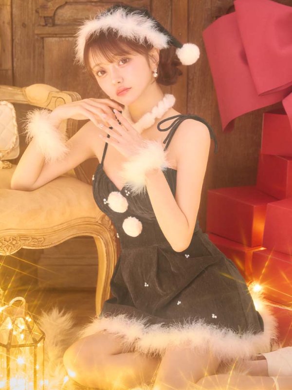 画像1: 【即日発送】【送料無料！】【サンタ】　紐リボンフレアビジューサンタコスプレ【コスプレ5点セット】【XS-Mサイズ/2カラー】[OF04] (1)