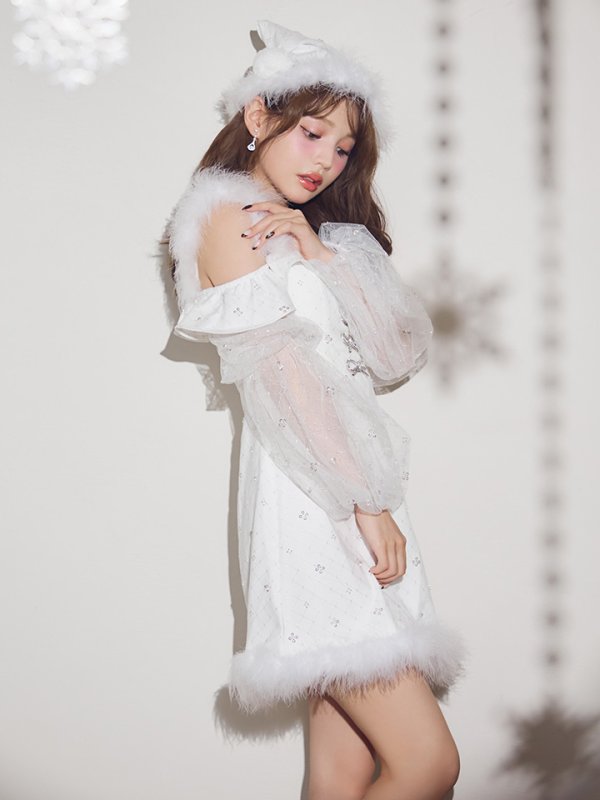 画像10: 【予約 / 11月下旬発送予定】【送料無料！】【サンタ】オフショルチュール袖リボンサンタコスプレ【コスプレ3点セット】【XS-Lサイズ/1カラー】[OF03] (10)