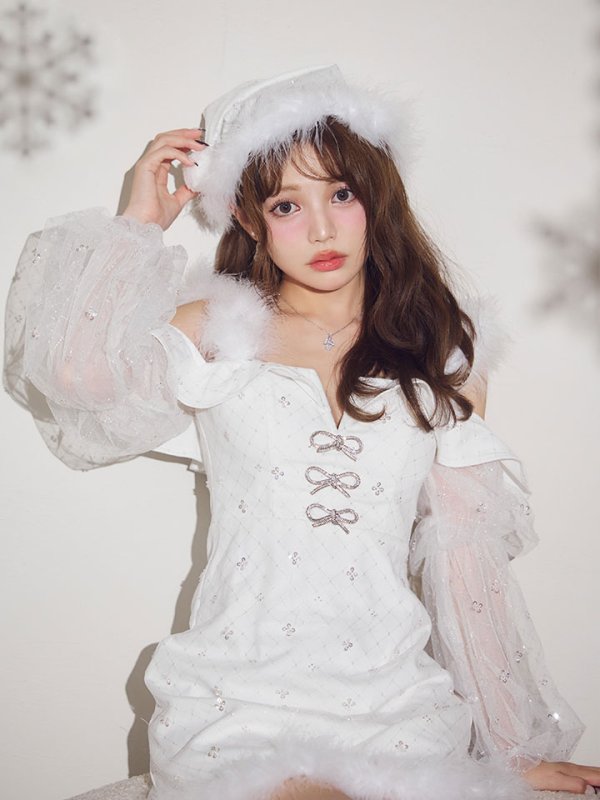 画像2: 【予約 / 11月下旬発送予定】【送料無料！】【サンタ】オフショルチュール袖リボンサンタコスプレ【コスプレ3点セット】【XS-Lサイズ/1カラー】[OF03] (2)