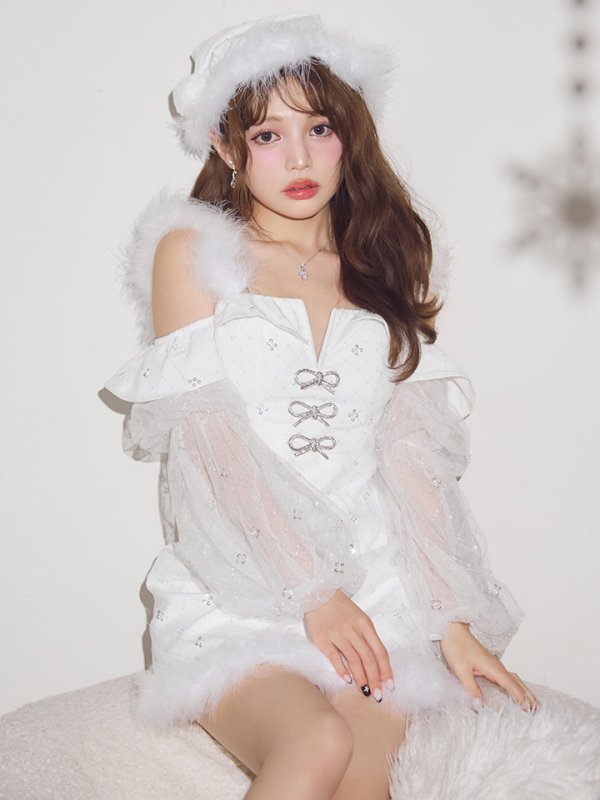 画像3: 【予約 / 11月下旬発送予定】【送料無料！】【サンタ】オフショルチュール袖リボンサンタコスプレ【コスプレ3点セット】【XS-Lサイズ/1カラー】[OF03] (3)