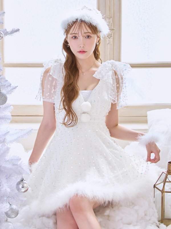 画像1: 【即日発送】【送料無料！】【サンタ】パールスパンコールレースフレアサンタコスプレ【コスプレ3点セット】【S-Lサイズ/1カラー】[OF01] (1)