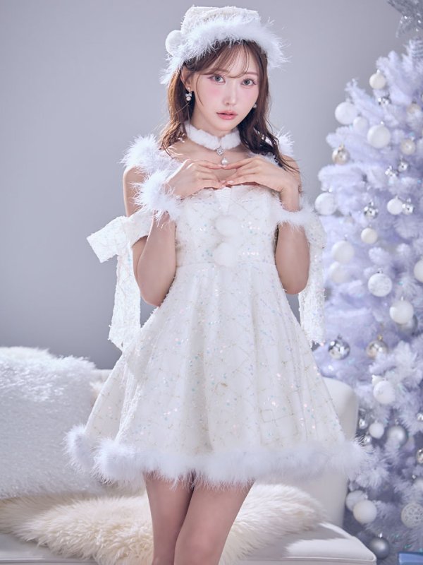 画像2: 【即日発送】【サンタ】ラメチュールオフショルリボンサンタコスプレ【コスプレ5点セット】【XS-Lサイズ/1カラー】[OF01] (2)