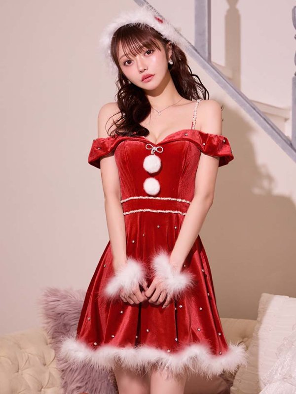 画像2: 【即日発送！】【サンタコス 5点セット】【XS-XLサイズ/3カラー】オフショルビジューリボンフレアサンタ[OF01] (2)