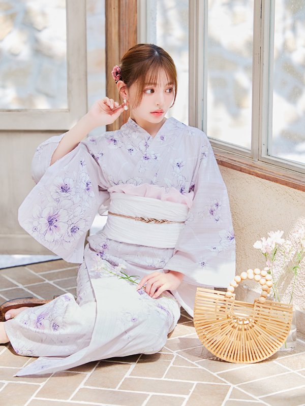 画像10: 【浴衣セール！】【即日発送】可憐なパープルxホワイト牡丹浴衣【浴衣３点セット 浴衣/帯/下駄】[YMT] (10)