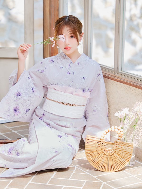 画像11: 【浴衣セール！】【即日発送】可憐なパープルxホワイト牡丹浴衣【浴衣３点セット 浴衣/帯/下駄】[YMT] (11)