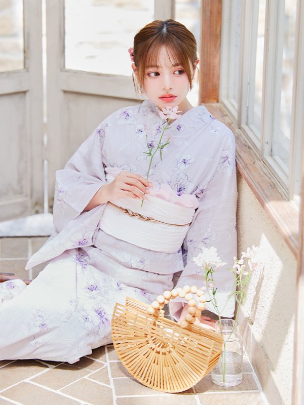 画像12: 【浴衣セール！】【即日発送】可憐なパープルxホワイト牡丹浴衣【浴衣３点セット 浴衣/帯/下駄】[YMT] (12)