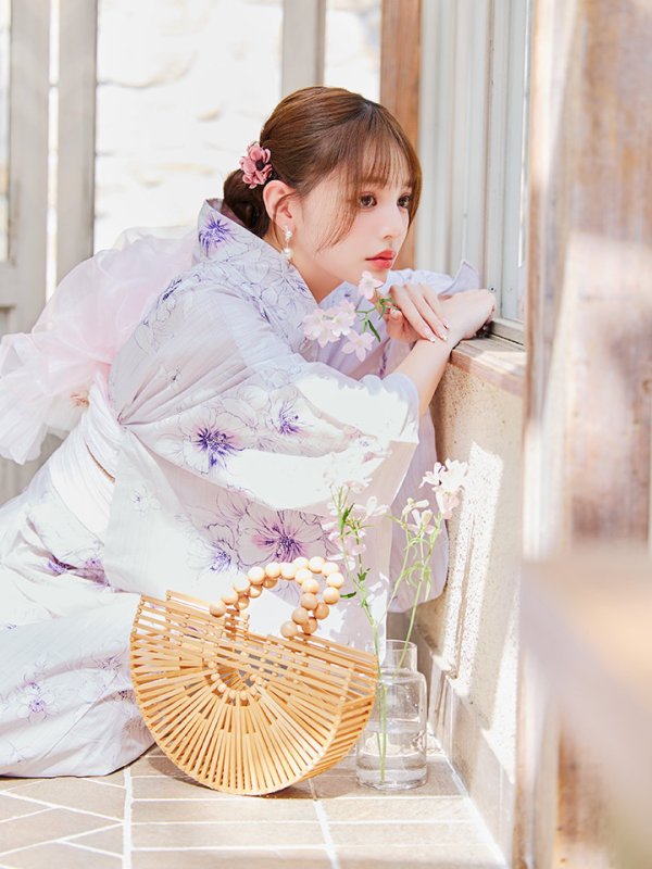 画像13: 【浴衣セール！】【即日発送】可憐なパープルxホワイト牡丹浴衣【浴衣３点セット 浴衣/帯/下駄】[YMT] (13)