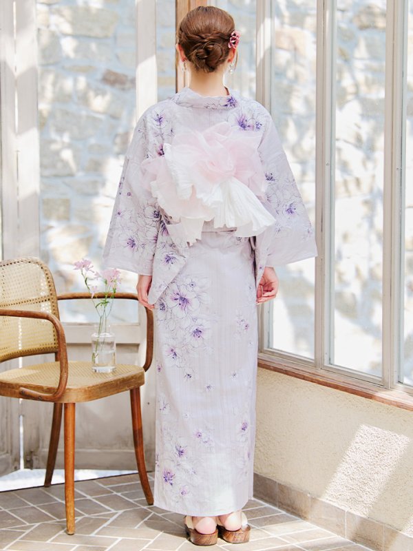 画像15: 【浴衣セール！】【即日発送】可憐なパープルxホワイト牡丹浴衣【浴衣３点セット 浴衣/帯/下駄】[YMT] (15)