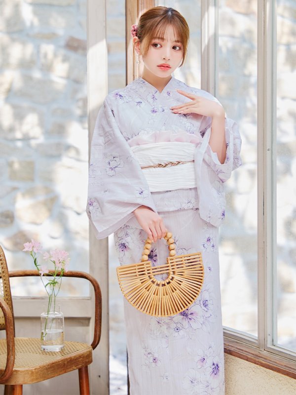 画像2: 【浴衣セール！】【即日発送】可憐なパープルxホワイト牡丹浴衣【浴衣３点セット 浴衣/帯/下駄】[YMT] (2)