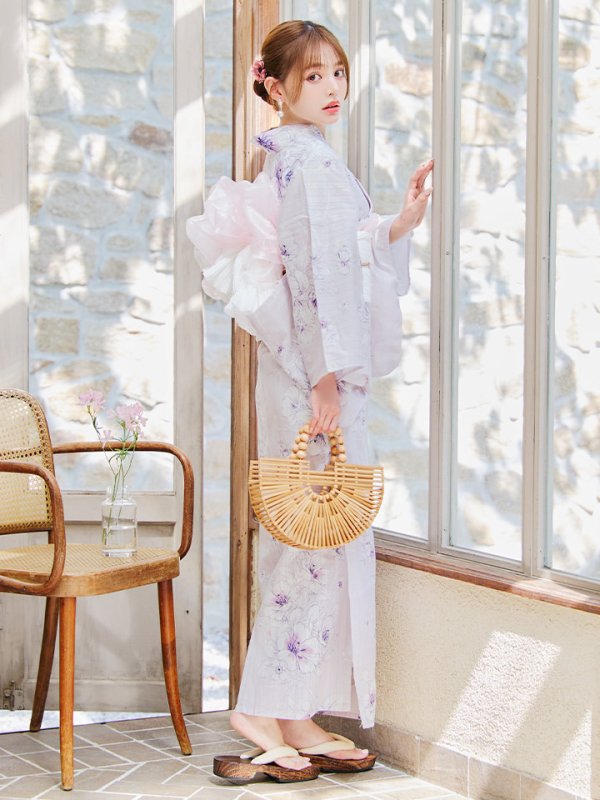 画像3: 【浴衣セール！】【即日発送】可憐なパープルxホワイト牡丹浴衣【浴衣３点セット 浴衣/帯/下駄】[YMT] (3)