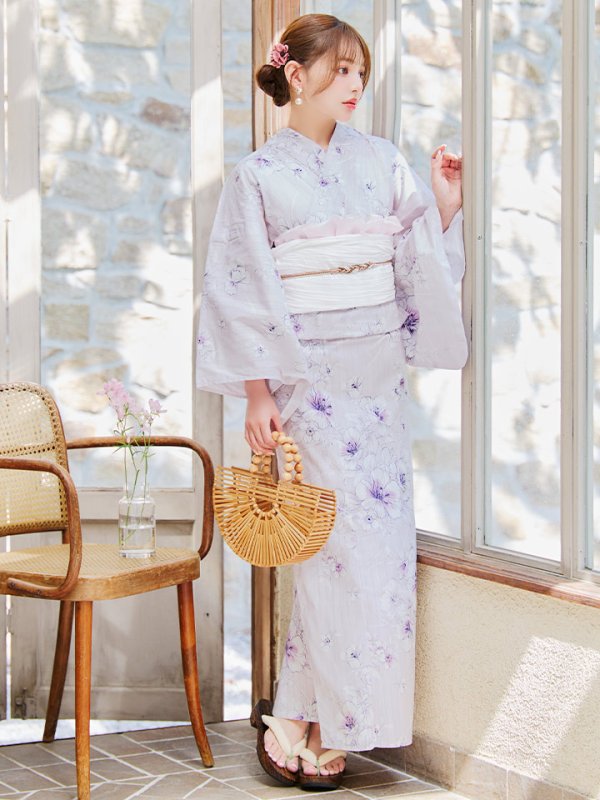 画像4: 【浴衣セール！】【即日発送】可憐なパープルxホワイト牡丹浴衣【浴衣３点セット 浴衣/帯/下駄】[YMT] (4)