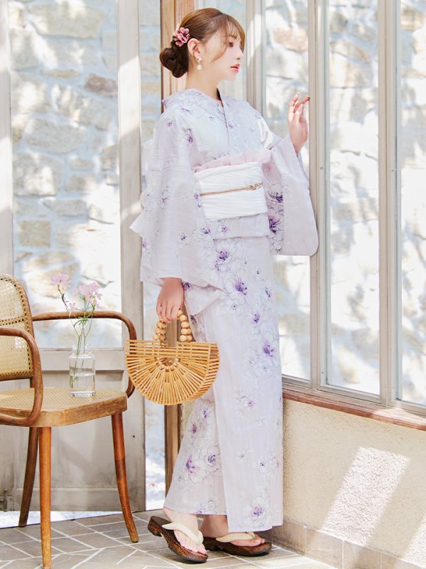 画像5: 【浴衣セール！】【即日発送】可憐なパープルxホワイト牡丹浴衣【浴衣３点セット 浴衣/帯/下駄】[YMT] (5)