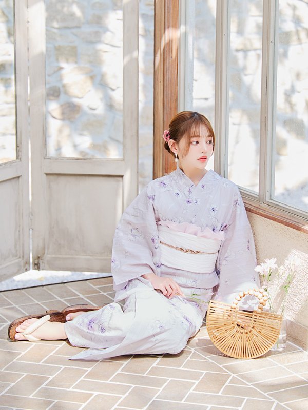 画像7: 【浴衣セール！】【即日発送】可憐なパープルxホワイト牡丹浴衣【浴衣３点セット 浴衣/帯/下駄】[YMT] (7)